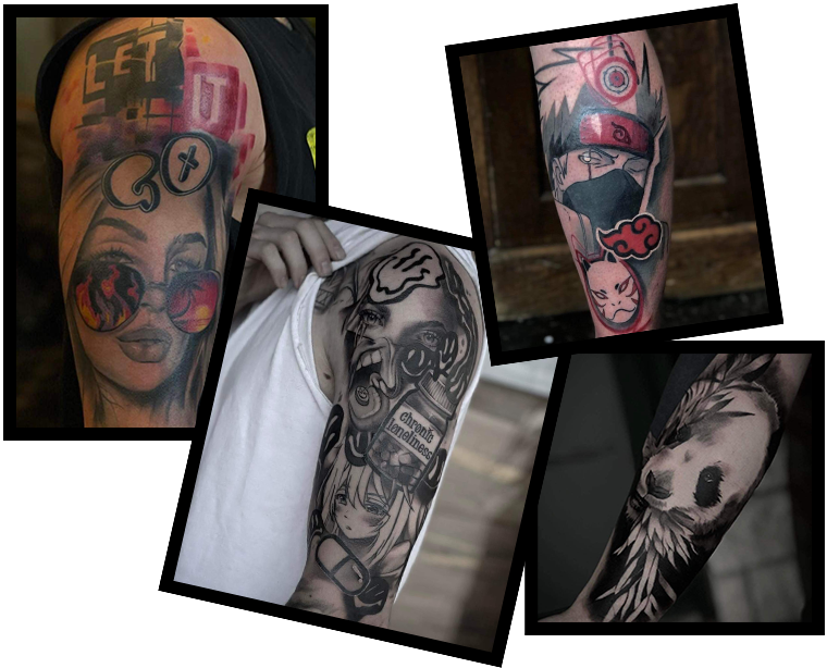 4 photos de tattoos de type réalisme, black and grey, graphique et cartoon prises dans le studio de tattoo kuro shino à mascouche